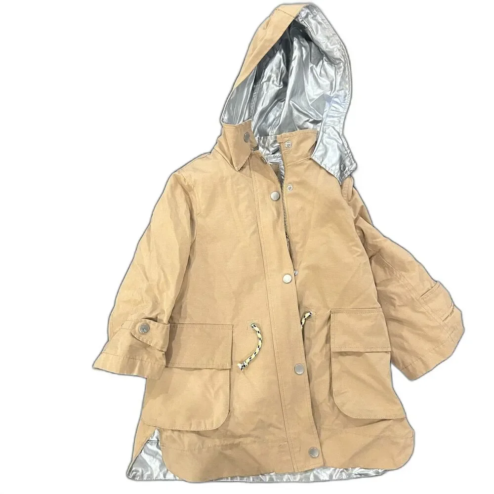 Zara Kids Collapsible Hooded Parka Coat Jacket Tan Silver Size 5 - Picture 1 of 6